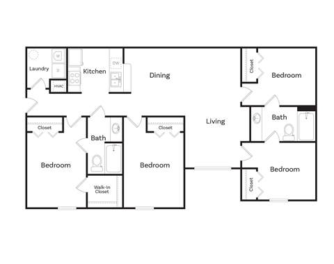 Floor plan for 4 beds, 2 baths, 1298 sqft